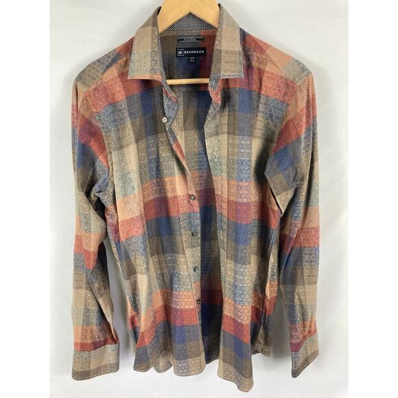 Bachrach Mens Neutral Plaid Button Up Long Sleeve Shirt Size Medium 15.5 - Picture 1 of 8